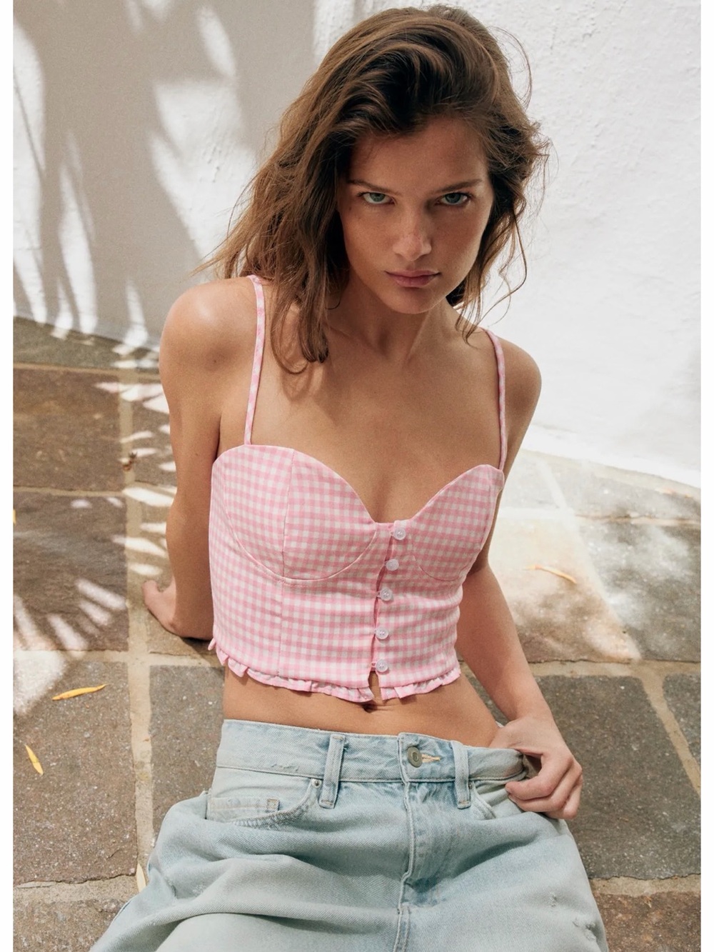 NWT Zara Pink Gingham Button-Front Crop Top